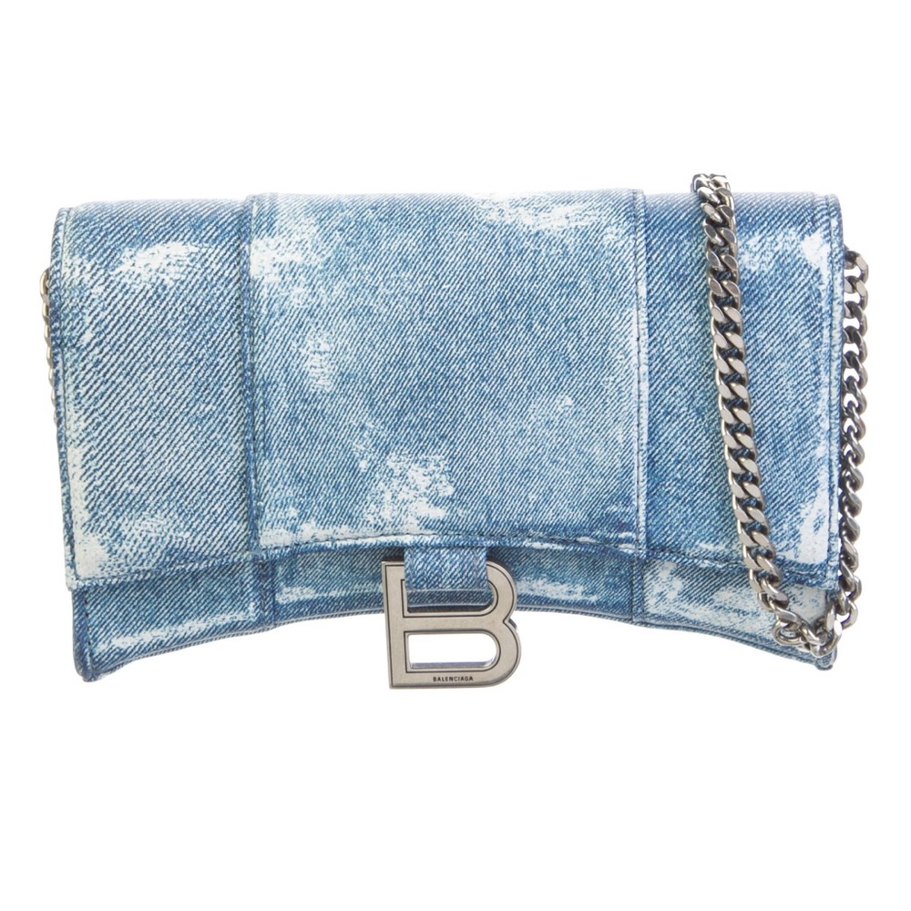 💯 AUTHENTIC BALENCIAGA 2022 Denim-Print Hourglass Wallet on Chain